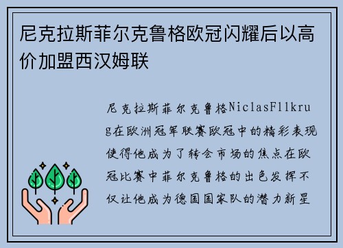 尼克拉斯菲尔克鲁格欧冠闪耀后以高价加盟西汉姆联